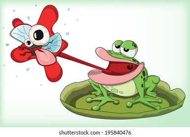Cute vector frog hunting and eating midge, sitting on water lily