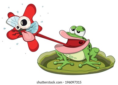 Cute vector frog hunting and eating midge