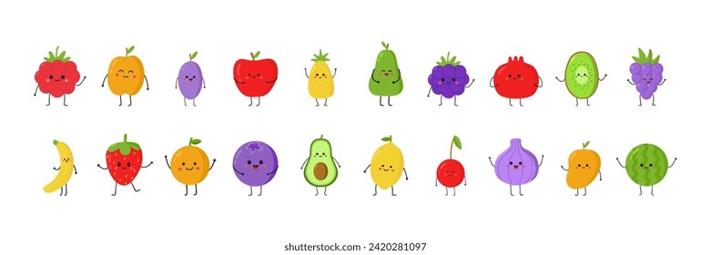 Cute vector fruit characters set isolated. Hand drawn clip arts of different fruits and berries.