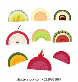 Cute vector fruit rainbow isolated on white background printable poster for kids and pattern. Rainbow fruit durian, dragon, apel, kiwi, avocado, manggo, watermelon.