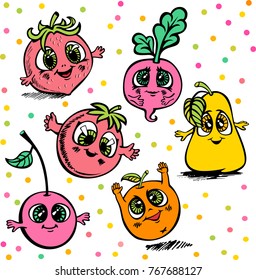 Cute vector fruits and berries