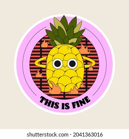 Paquete de emoticones de frutas vectoriales. Una piña fresca con cara divertida en llamas. Ilustración de arte de línea plana. El colorido y original carácter de moda. Conjunto infantil de dibujos. Este es un buen meme.