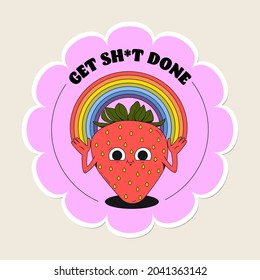 Cute vector fruits sticker pack. A cool strawberry with funny face and rainbow. Flat line art illustration. Colourful original trendy character. Childish set of drawings. Get things done.