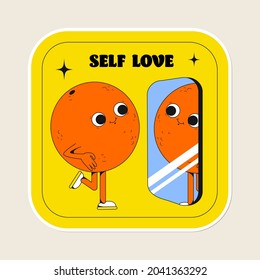 Cute Vector Fruits Sticker Pack. A Cool Orange With Funny Face Looking In The Mirror. Flat Line Art Illustration. Colourful Original Trendy Character. Childish Set Of Drawings. Self Love.