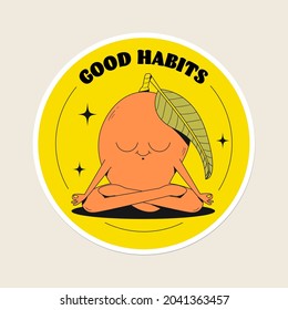 Cute vector fruits sticker pack. A cool mango with funny face doing yoga. Flat line art illustration. Colourful original trendy character. Childish set of drawings. Good habits.