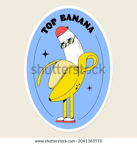 Cute vector fruits sticker pack. A cool banana with funny face and sunglasses. Flat line art illustration. Colourful original trendy character. Childish set of drawings. Top banana idiom