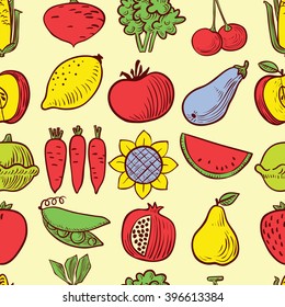 Cute vector fruits and vegetables seamless pattern background in doodle children's style