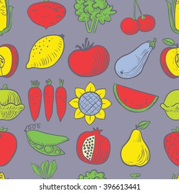 Cute vector fruits and vegetables seamless pattern background in doodle children's style