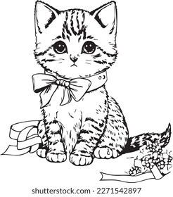 Cute vector fun kitten cartoon smiling character cat line art coloring book black and white drawing illustration