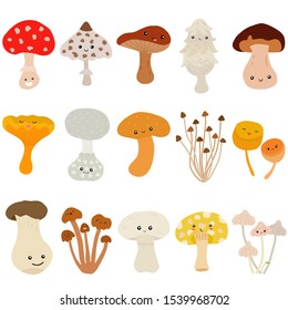 Cute vector of fungi mushroom with smiley happy face - Chanterelle, Fly amanita, Parasol, Russula, Boletus, Cup fungi, King oyster mushroom. Colorful set of doodle illustration isolated on white background