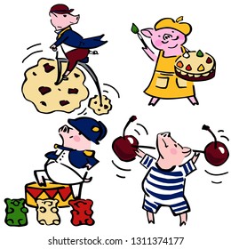 cute vector funny set costumed funny pigs. creative set piglets with sweets for menu card, greetings cards, avatars, stickers icons