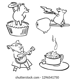 Cute vector funny set pigs with sweets. New Year 2019 set cartoon hand drawen piglets for greetings cards, stickers, logo, stamps and websites