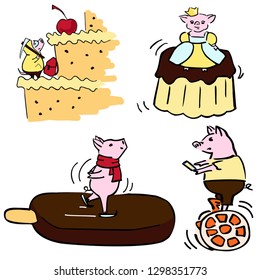 Cute vector funny set pigs with sweets. New Year 2019 set cartoon hand drawen piglets for greetings cards, menu, stickers, logo, stamps and websites