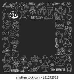 Cute vector garden with birds, cactus, plants, fruits, berries, gardening tools, rubberboots Garden market pattern in doodle style isolated on blackboard