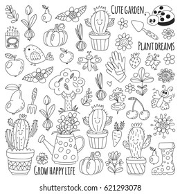 Cute vector garden with birds, cactus, plants, fruits, berries, gardening tools, rubberboots Garden market pattern in doodle style for coloring pages, coloring books