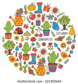 Cute vector garden with birds, cactus, plants, fruits, berries, gardening tools, rubberboots Garden market pattern in doodle style