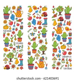 Cute vector garden with birds, cactus, plants, fruits, berries, gardening tools, rubberboots Garden market pattern in doodle style