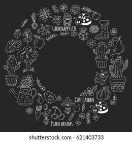 Cute vector garden with birds, cactus, plants, fruits, berries, gardening tools, rubberboots Garden market pattern in doodle style isolated on blackboard