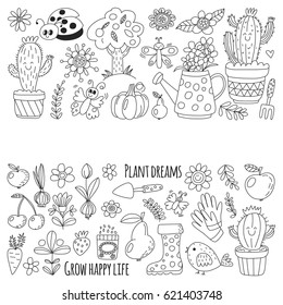 Cute vector garden with birds, cactus, plants, fruits, berries, gardening tools, rubberboots Garden market pattern in doodle style for coloring pages, coloring books