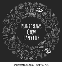 Cute vector garden with birds, cactus, plants, fruits, berries, gardening tools, rubberboots Garden market pattern in doodle style isolated on blackboard