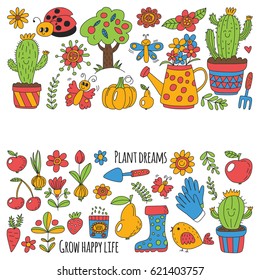 Cute vector garden with birds, cactus, plants, fruits, berries, gardening tools, rubberboots Garden market pattern in doodle style