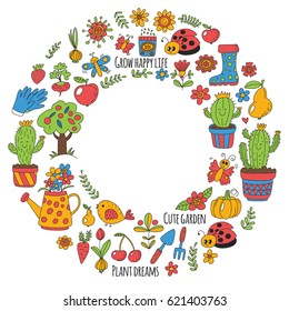 Cute vector garden with birds, cactus, plants, fruits, berries, gardening tools, rubberboots Garden market pattern in doodle style