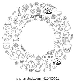 Cute vector garden with birds, cactus, plants, fruits, berries, gardening tools, rubberboots Garden market pattern in doodle style for coloring pages, coloring books