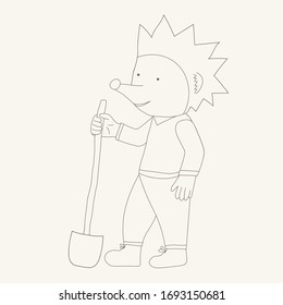 Cute vector with gardener hedgehog in outline style. Animal illustration. Character Hedgehog holds a shovel.