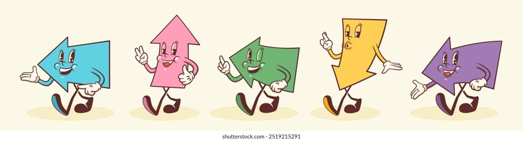 Cute Vector Geometric Arrows Characters Illustrations Set. Groovy Cartoon Cursor Shapes with Funny Face Expressions Kids Style Childish Education Personage Geometry Figures Mascots Collection Isolated