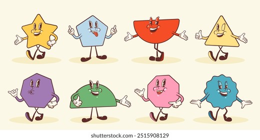 Cute Vector Geometric Characters Illustrations Set. Groovy Cartoon Different Shapes with Funny Face Expressions. Kids Style Childish Education Personage Geometry Figures Mascots Collection Isolated