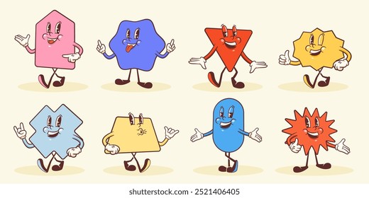 Cute Vector Geometric Characters Illustrations Set. Groovy Cartoon Different Shapes with Funny Face Expressions. Kids Style Childish Education Personage Geometry Figures Mascots Collection Isolated