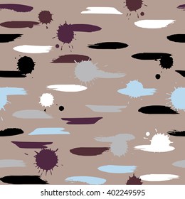 Cute vector geometric seamless pattern. Brush strokes and blots. Hand drawn grunge texture. Abstract forms. Endless texture can be used for printing onto fabric or paper.