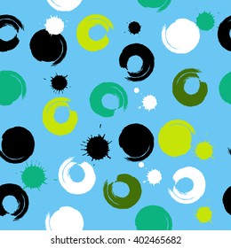 Cute vector geometric seamless pattern. Brush strokes. Polka dots and blots. Hand drawn grunge texture. Abstract forms. Endless texture can be used for printing onto fabric or paper.