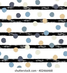 Cute vector geometric seamless pattern. Brush strokes and stars and blots. Hand drawn grunge texture. Abstract forms. Endless texture can be used for printing onto fabric or paper.