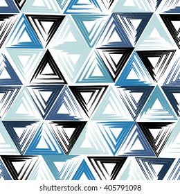 Cute vector geometric seamless pattern. Brush strokes, triangles. Hand drawn grunge texture. Abstract forms. Endless texture can be used for printing onto fabric or paper.