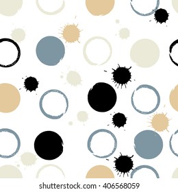 Cute vector geometric seamless pattern. Brush strokes. Polka dots and blots. Hand drawn grunge texture. Abstract forms. Endless texture can be used for printing onto fabric or paper.