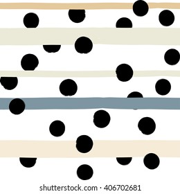 Cute vector geometric seamless pattern . Polka dots and stripes. Brush strokes. Hand drawn grunge texture. Abstract forms. Endless texture can be used for printing onto fabric or paper.