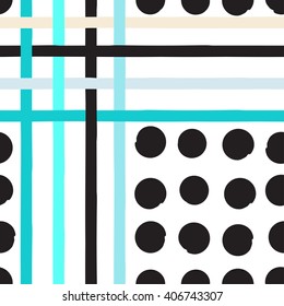 Cute vector geometric seamless pattern . Polka dots and stripes. Brush strokes. Hand drawn grunge texture. Abstract forms. Endless texture can be used for printing onto fabric or paper.