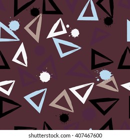 Cute vector geometric seamless pattern. Brush strokes.Triangles and blots. Hand drawn grunge texture. Abstract forms. Endless texture can be used for printing onto fabric or paper.