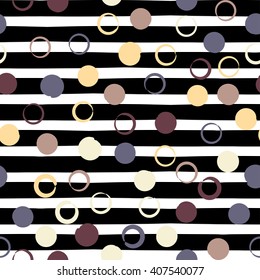 Cute vector geometric seamless pattern . Polka dots and stripes. Brush strokes. Hand drawn grunge texture. Abstract forms. Endless texture can be used for printing onto fabric or paper