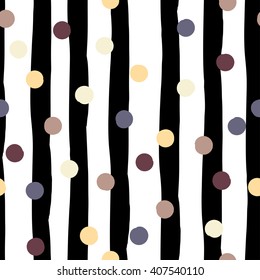 Cute vector geometric seamless pattern . Polka dots and stripes. Brush strokes. Hand drawn grunge texture. Abstract forms. Endless texture can be used for printing onto fabric or paper