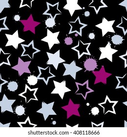 Cute vector geometric seamless pattern. Brush strokes and stars and blots. Hand drawn grunge texture. Abstract forms. Endless texture can be used for printing onto fabric or paper.