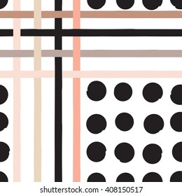 Cute vector geometric seamless pattern . Polka dots and stripes. Brush strokes. Hand drawn grunge texture. Abstract forms. Endless texture can be used for printing onto fabric or paper.