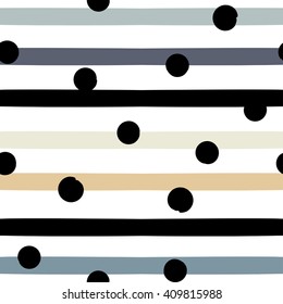 Cute vector geometric seamless pattern . Polka dots and stripes. Brush strokes. 