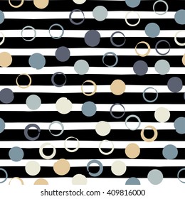 Cute vector geometric seamless pattern . Polka dots and stripes. Brush strokes. 