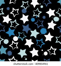 Cute vector geometric seamless pattern. Brush strokes and stars and blots. Hand drawn grunge texture.