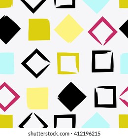 Cute vector geometric seamless pattern. Brush strokes, triangles and squares. Hand drawn grunge texture. Abstract forms. Endless texture can be used for printing onto fabric or paper.
