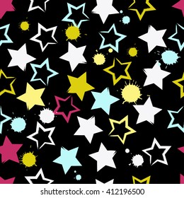Cute vector geometric seamless pattern. Brush strokes and stars and blots. Hand drawn grunge texture. Abstract forms. Endless texture can be used for printing onto fabric or paper.