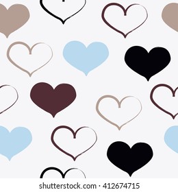 Cute vector geometric seamless pattern. Brush strokes, hearts. Hand drawn grunge texture. Abstract forms. Endless texture can be used for printing onto fabric or paper.