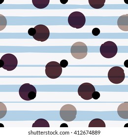 Cute vector geometric seamless pattern . Polka dots and stripes. Brush strokes. Hand drawn grunge texture. Abstract forms. Endless texture can be used for printing onto fabric or paper.